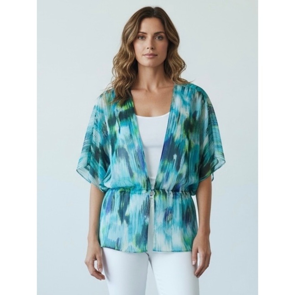 Chico's Womens Blue Green Abstract Ikat Kimono Wrap Top Size S/M Open Front Tie